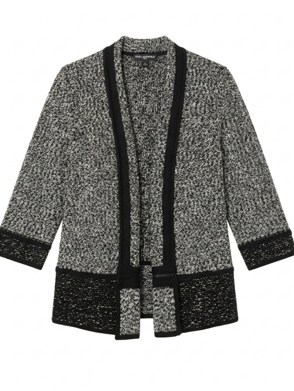 ​Karl Lagerfeld Paris Open Front Tweed Marled Cardigan Black White Pockets